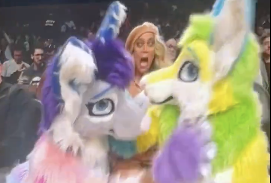 Tyra Banks and two furries at the Brooklyn Nets game